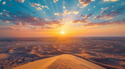 The sun sets over the vast desert sands, casting golden hues across the horizon in Dubai, United Arab Emirates.
