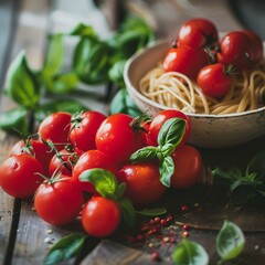 Fresh Ripe Tomatoes and Basil Leaves with Raw Spaghetti on Rustic Table