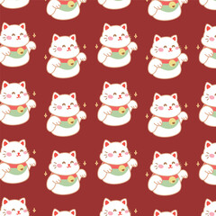 Maneki Neko Japanese Pattern on red background.