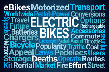 Electric Bikes Word Cloud on Blue Background
