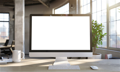 Blank computer screen on work desk in a light modern office