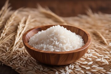 'long grain rice wooden bowl isolated white cereal groats food closeup dietary dieting healthy group wood scoop' - obrazy, fototapety, plakaty