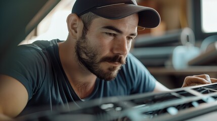 Handsome young HVAC technician in blue cap and t-shirt repairing or installing air conditioning unit indoors