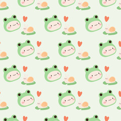 Kawaii cute seamless pattern with frog and little snail on soft green background