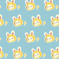 Hand drawn seamless pattern with cute rabbit and yellow thunder on blue background