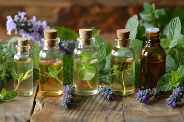 Assortment of essential oil bottles with fresh plants on wooden surface, promoting natural remedies and holistic health.