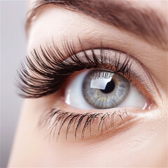 Eyelash extensions procedure, Woman's eye with long Eyelashes