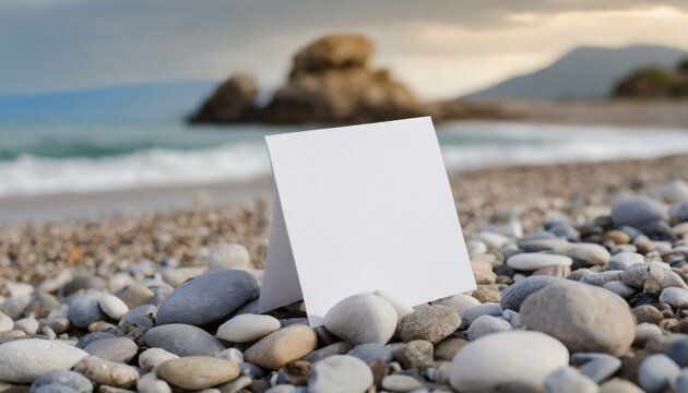 Nature's Canvas: White Blank Paper Card Mockup on a Pebbled Beach"