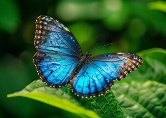 Vibrant Blue Morpho Butterfly Perched on Green Leaf Close-Up