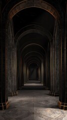 Black 3D gothic arches with gold accents in an ancient corridor