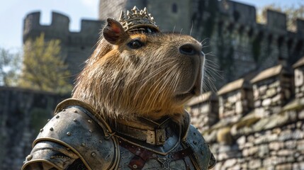 Capybara dressed as a knight in armor