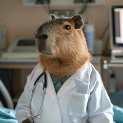Capybara wearing a doctors coat in a hospital setting