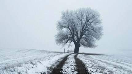 The picture of the single tree that has been covered with white snow in the middle of the empty snow land in the winter season and light from the sun can make everything bright clear on land. AIGX03.