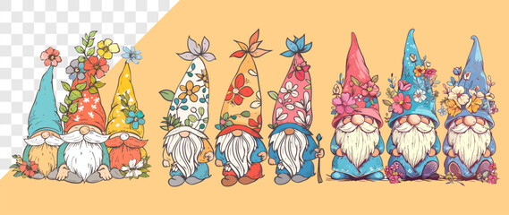Whimsical gnomes with floral hats in a garden setting
