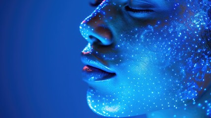 Portrait of a woman's face with blue glowing dots on her skin