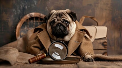 Pug dressed as a detective with a trench coat and magnifying glass