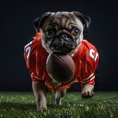 Pug in a football uniform ready to catch a pass