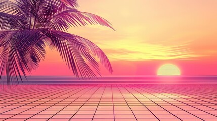 Retro 80s style summer sunset with palm silhouette and grid floor
