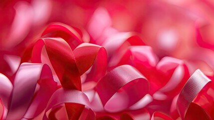 Soft focus on red and pink ribbons curled into hearts