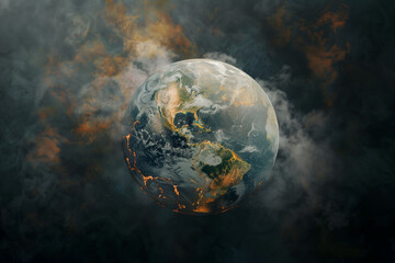A digital illustration of Earth with visible distress signs like cracks and steam emanating from oceans, representing "global boiling", generative ai