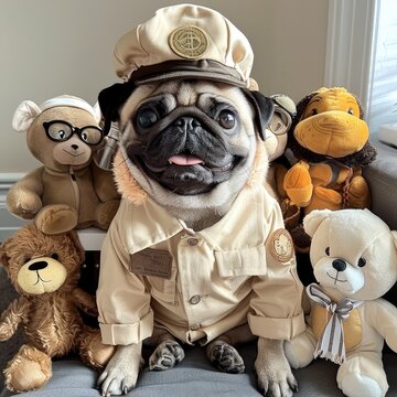 Pug in a zookeeper outfit with stuffed animal toys around
