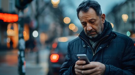Urban Commuter Checking Smartphone at Busy Traffic Light
