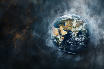 A digital illustration of Earth with visible distress signs like cracks and steam emanating from oceans, representing "global boiling", generative ai