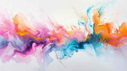 A vibrant explosion of colorful smoke creates an abstract painting on a white backdrop.