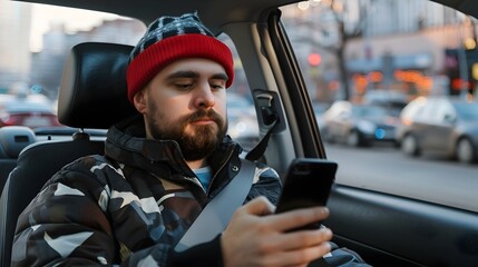 Casual Driver Scrolling Social Media on Smartphone in City Traffic