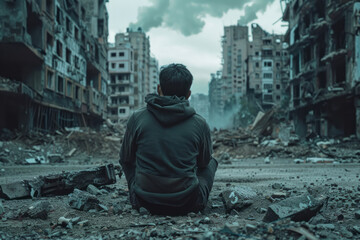 A man, appearing sad, sits on the ground with his back to us, facing a destroyed urban city.