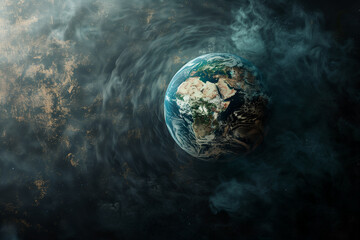 A digital illustration of Earth with visible distress signs like cracks and steam emanating from oceans, representing 