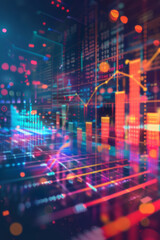 A futuristic financial graph features holographic lines, glowing bar charts, and digital data on an abstract background, representing a concept of stock market, business growth, data analysis.