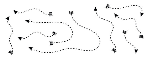 clean dot style hand drawn doodle arrows set. Clean dot arrows style doodle set hand drawn. Curve dotted line, preliminary with white artboard.
