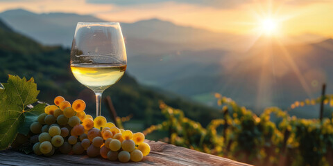 A glass of white wine and grapes are arranged on a wooden table, set against the backdrop of a...