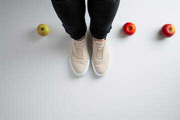 A person is standing in front of two apples and a pair of tan shoes
