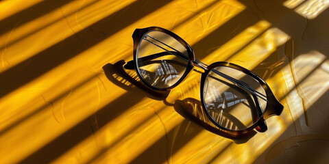 A pair of glasses is sitting on a yellow surface. The glasses are black and have a reflective surface.