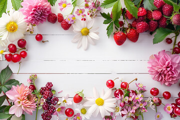 A white background with a variety of fruits and flowers, including strawberries, and raspberries