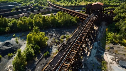 Fototapeta premium Industrial Conveyor Belt Adjacent to Recovering Green Landscape