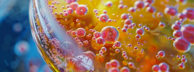 A close-up view of a colorful bacterial colony growing on a petri dish. 