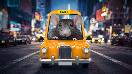 Cute cartoon rat as a taxi driver on city background - obrazy, fototapety, plakaty