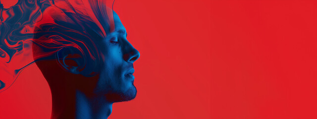 A man's face is shown in a blue and red background. The man's face is surrounded by smoke, giving...