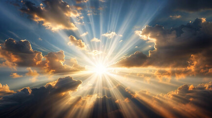 A golden sun is shining through the clouds, casting light and creating a halo effect. The sun is surrounded by rays that appear to be coming from it