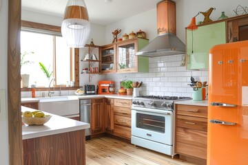 Bright and Airy Retro Kitchen Interior with Wooden Textures