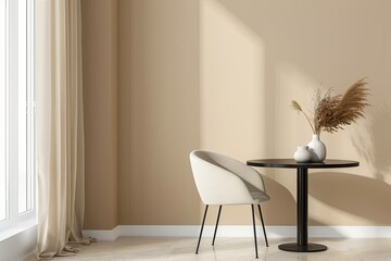 Scandinavian Style Apartment Dining Area: Modern Design, Cozy Atmosphere, Black Table, Luxurious Chair, Contemporary Space