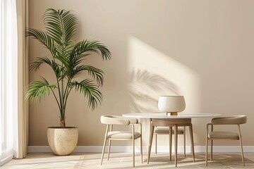 Fototapeta premium Elegant Modern Minimalist Apartment Dining Room with Potted Plant and Cozy Lamp