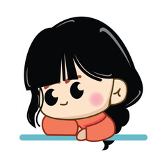 Cute little girl with long black hair in pink dress. Girl character illustration isolated on white background. Design element of happiest cartoon people