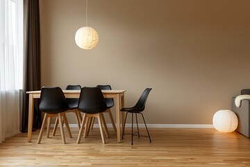 Modern Minimalist Apartment Dining Room: Wooden Flooring, Black Chairs, Luxurious Table, Cozy Lamp | Beige Wall Panorama Living Room