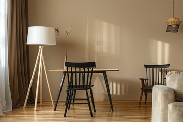 Modern Minimalist Apartment Dining Room: Wooden Flooring, Black Chairs, Luxurious Table, Cozy Lamp