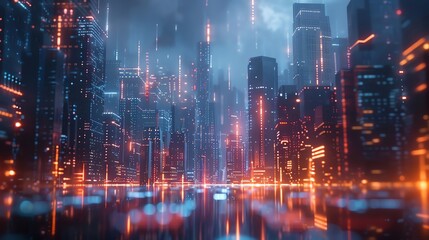 an augmented reality application interface featuring a futuristic cityscape merged with glitch art elements