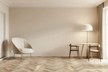 Modern Minimalist Dining Room with Wooden Herringbone Floor: Luxury Chair, Stylish Lamp